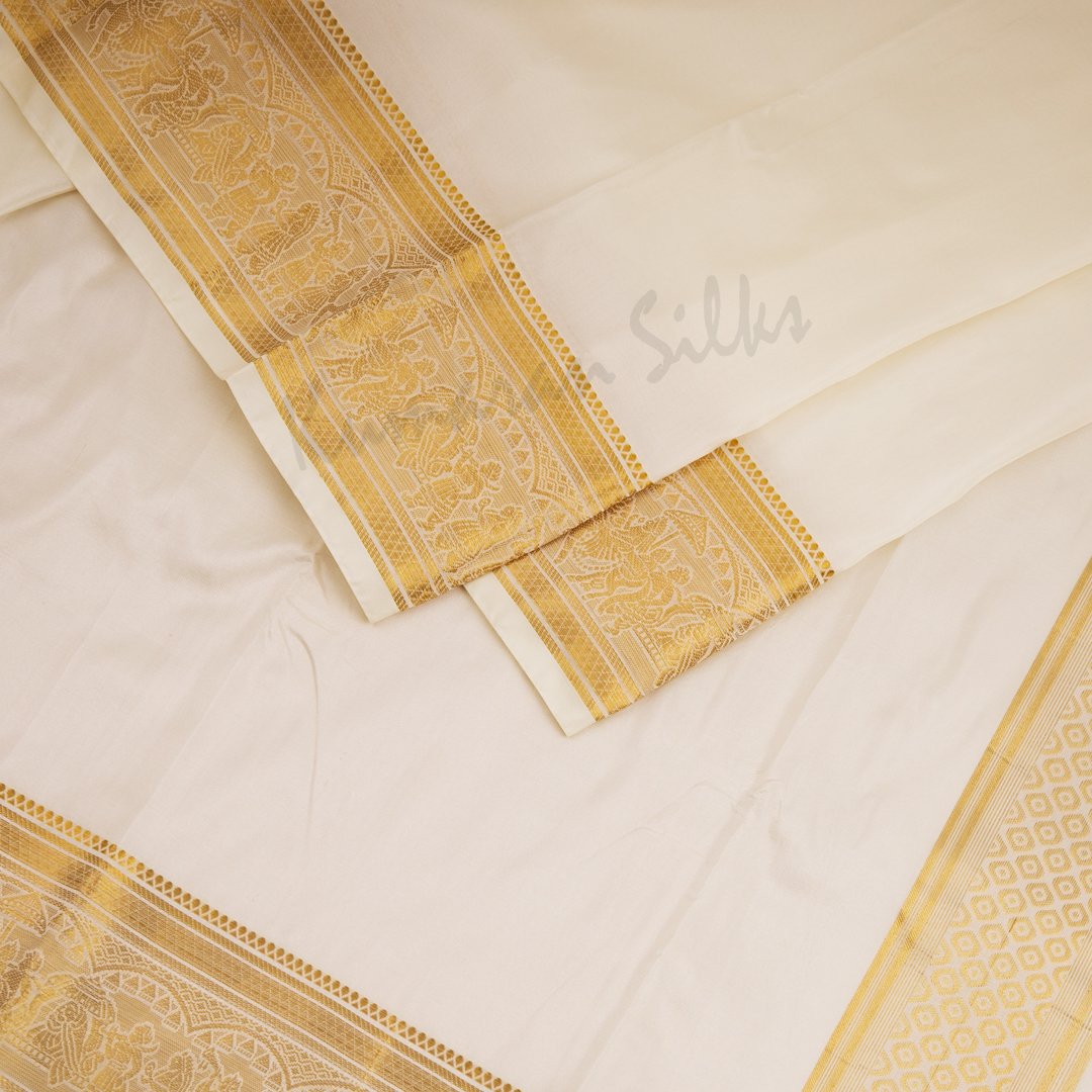 Cream Semi Silk 8 Mozham Dhoti And Matching Shirt Material 05