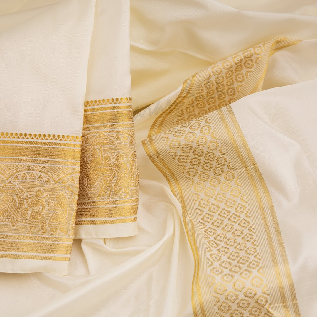 Cream Semi Silk 8 Mozham Dhoti And Matching Shirt Material 05