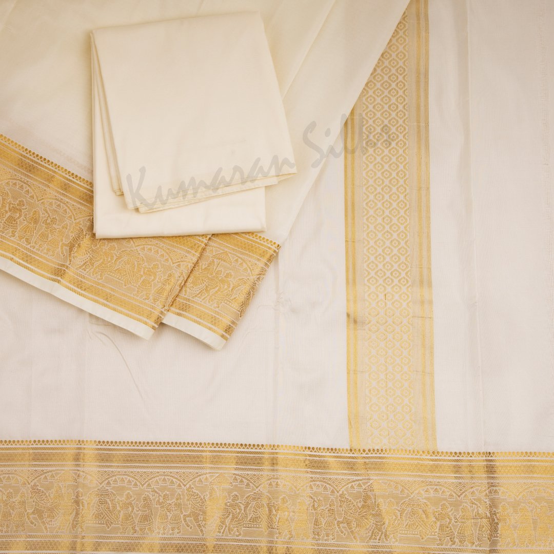 Cream Semi Silk 8 Mozham Dhoti And Matching Shirt Material 05