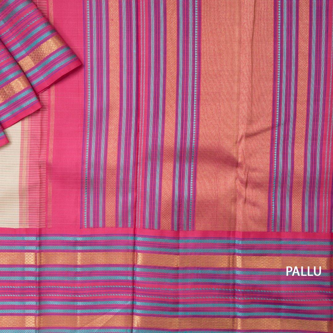 Cream Handloom Striped Silk Saree And Multi Designed Border - Kumaran Silks