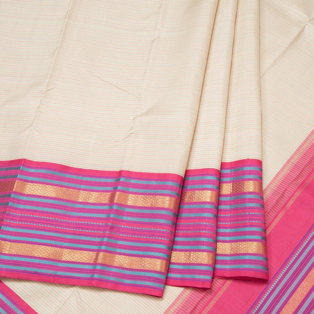 Cream Handloom Striped Silk Saree And Multi Designed Border - Kumaran Silks