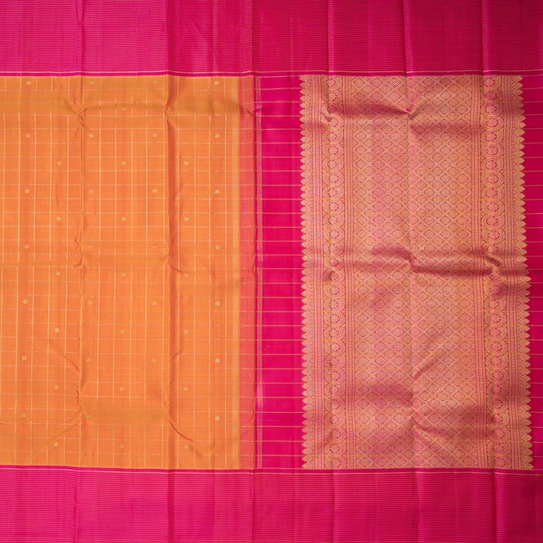 Mango Yellow Handloom Checked Silk Saree And Striped Pink Border - Kumaran Silks