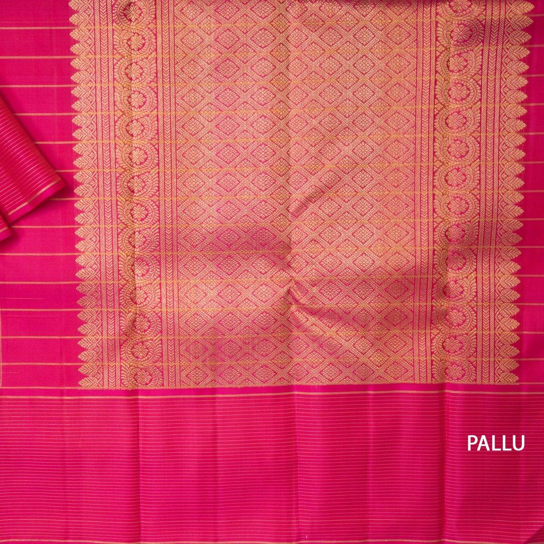 Mango Yellow Handloom Checked Silk Saree And Striped Pink Border - Kumaran Silks