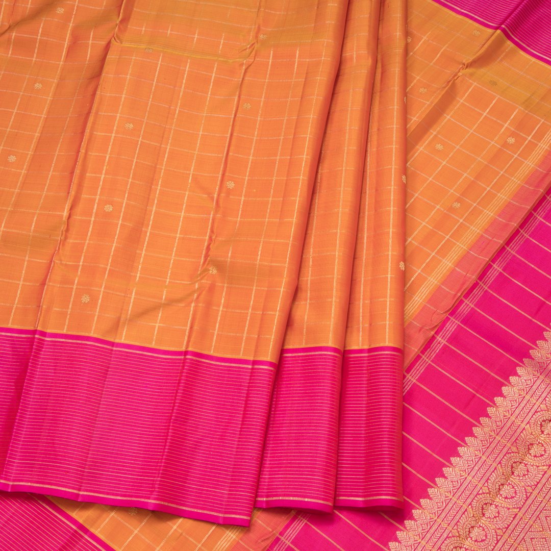 Mango Yellow Handloom Checked Silk Saree And Striped Pink Border - Kumaran Silks