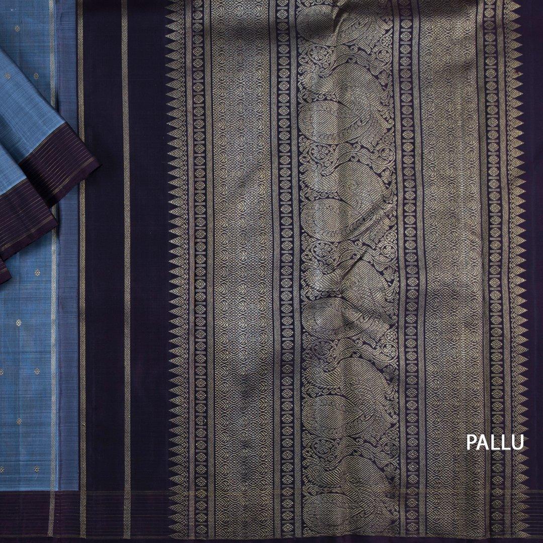 Greyish Blue Handloom Silk Saree With Striped Border - Kumaran Silks