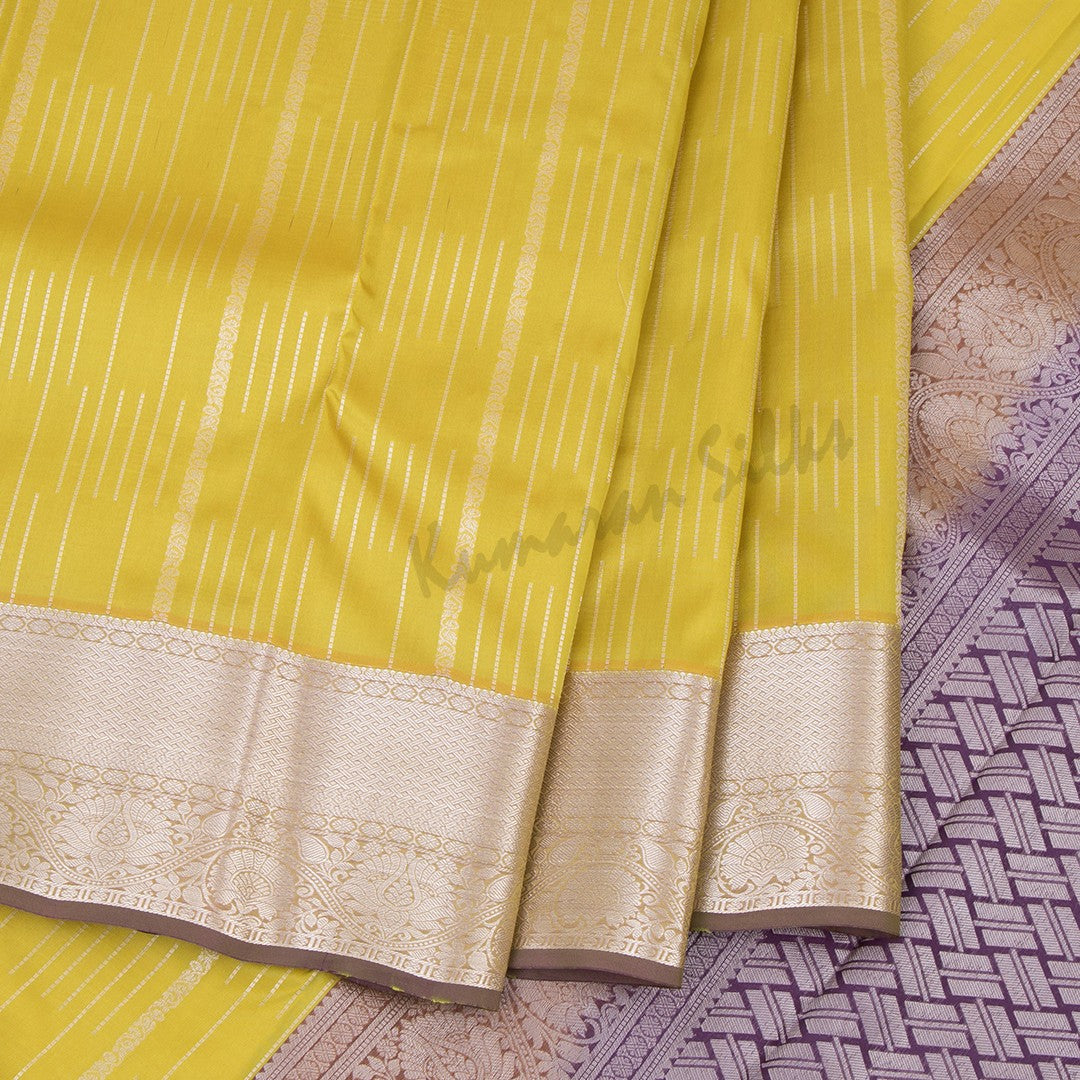 Lime Green Striped Silk Saree With Contrast Pallu - Kumaran Silks