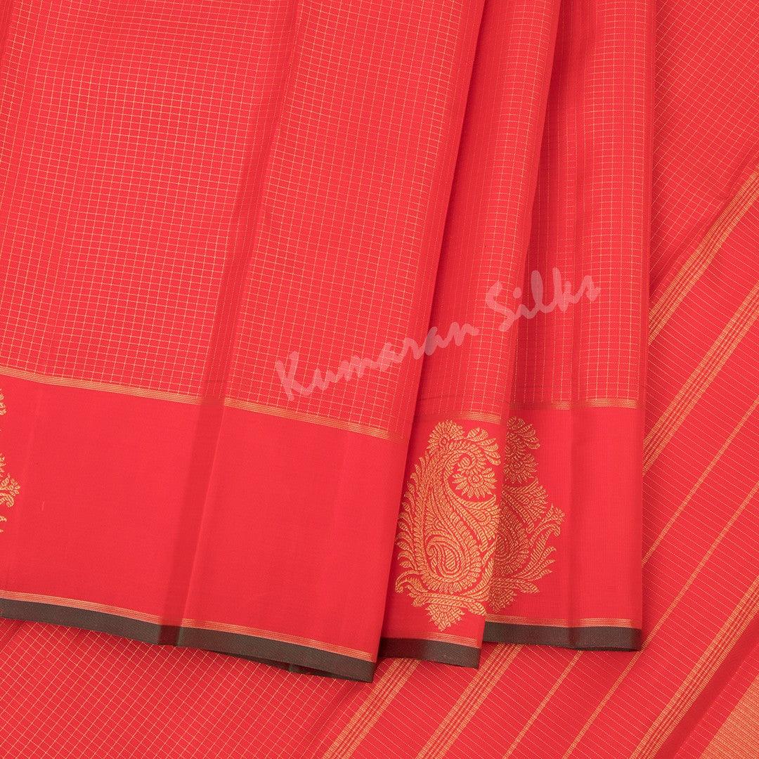 Chilli Red Micro Checked Silk Saree With Mango Border - Kumaran Silks