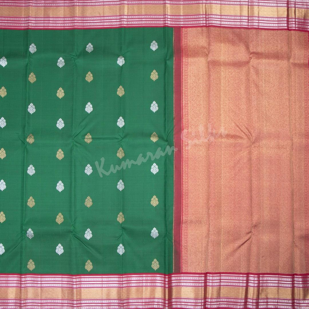 Bottle Green Silk Saree With Silver And Gold Zari Buttas And Rettapettai Border - Kumaran Silks