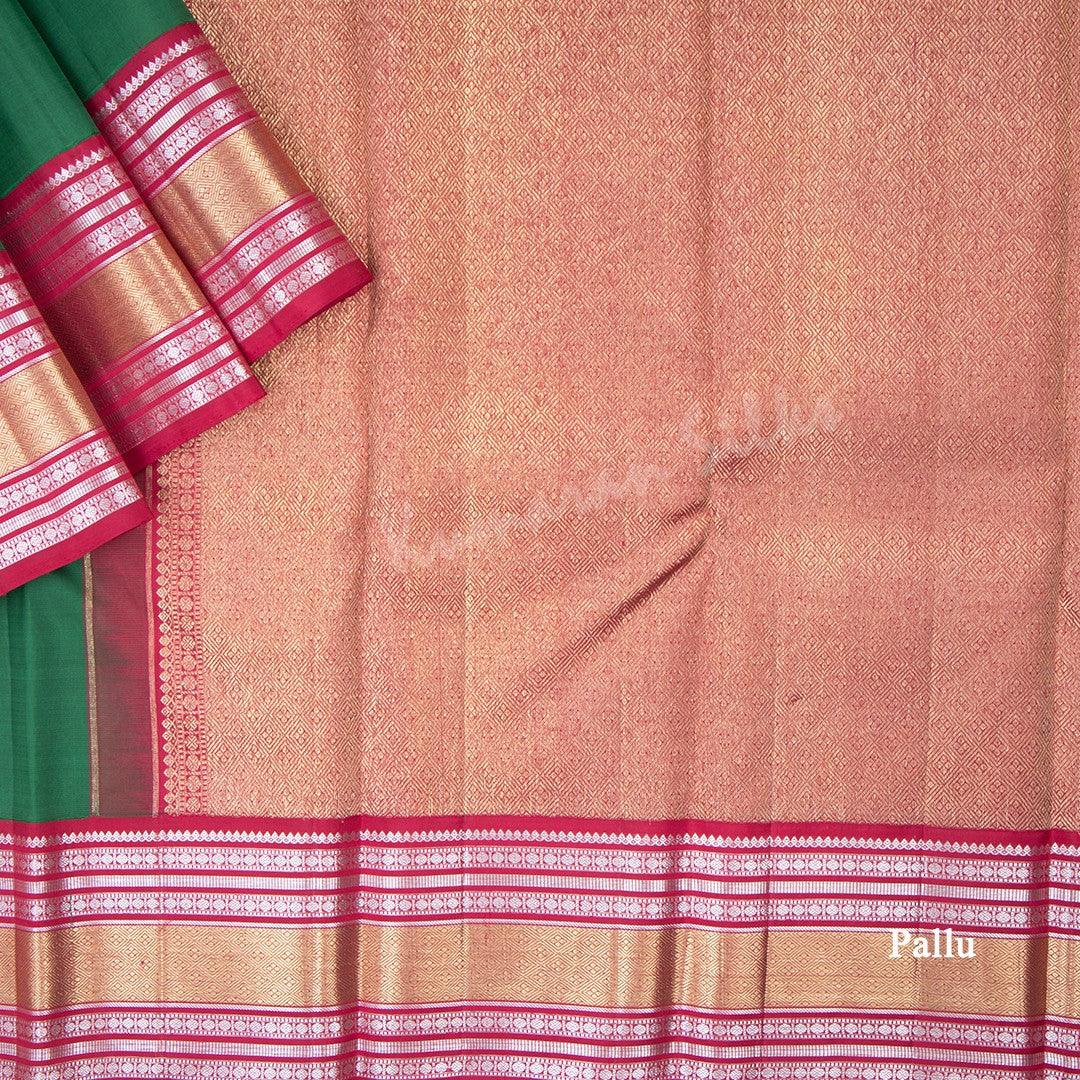 Bottle Green Silk Saree With Silver And Gold Zari Buttas And Rettapettai Border - Kumaran Silks