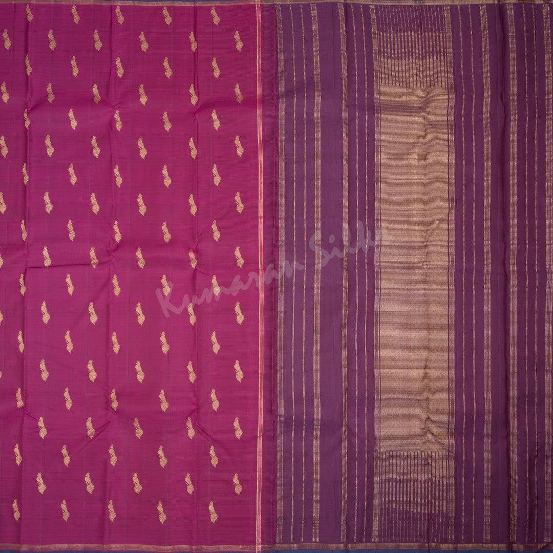 Dark Pink Silk Saree With Peacock Buttas And Ribbon Border - Kumaran Silks