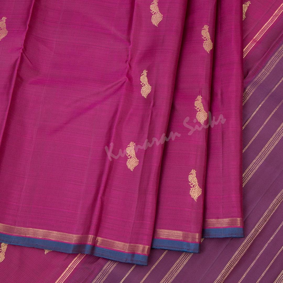 Dark Pink Silk Saree With Peacock Buttas And Ribbon Border - Kumaran Silks