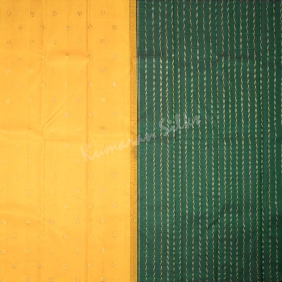 Mango Yellow Half and Half Striped Green Borderless Silk Saree With Chakra Buttas - Kumaran Silks - https://cdn.shopify.com/s/files/1/0565/0697/4251/files/KSSMLSR37202-1.jpg