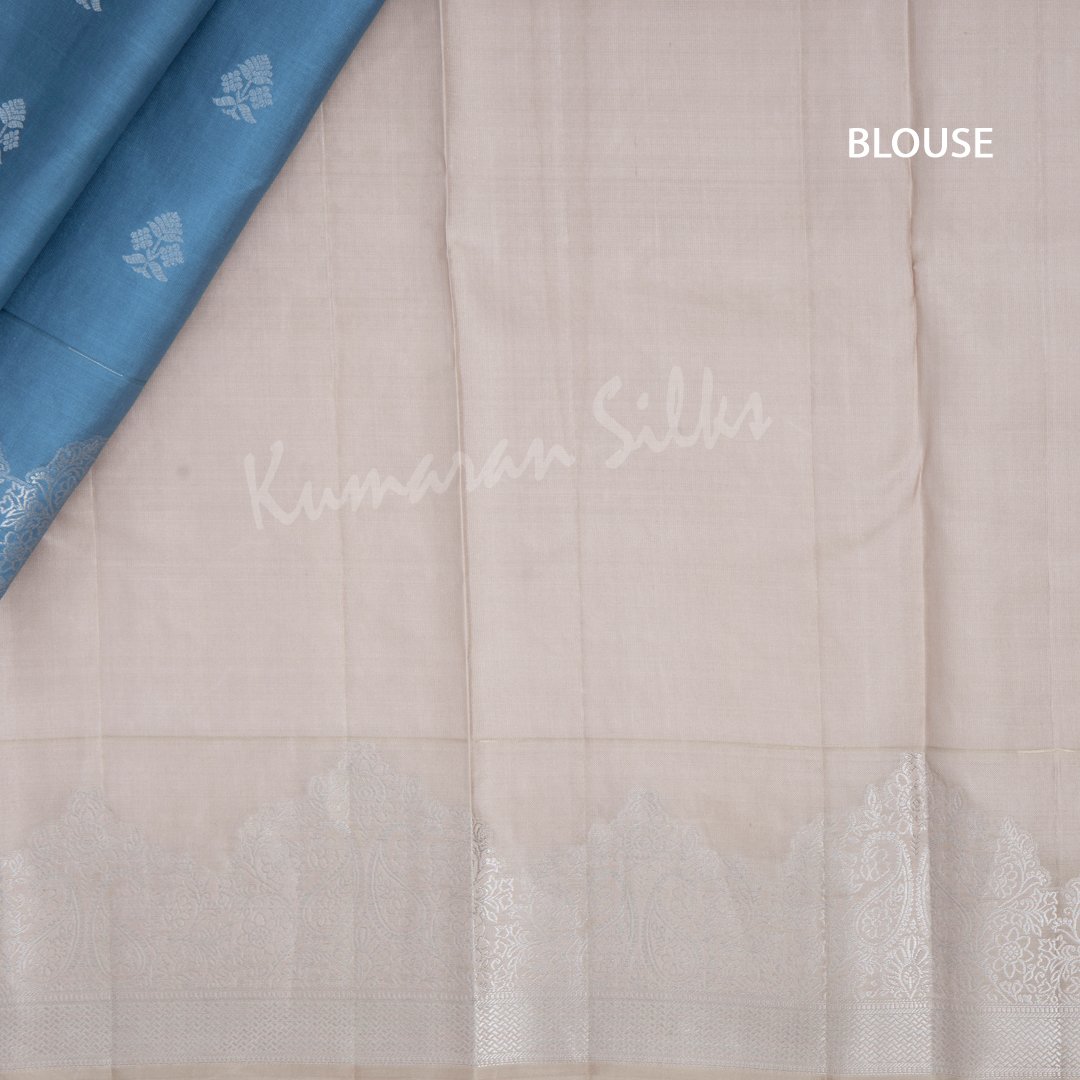 Greyish Blue Silk Saree With Floral Buttas And Silver Zari Border - Kumaran Silks