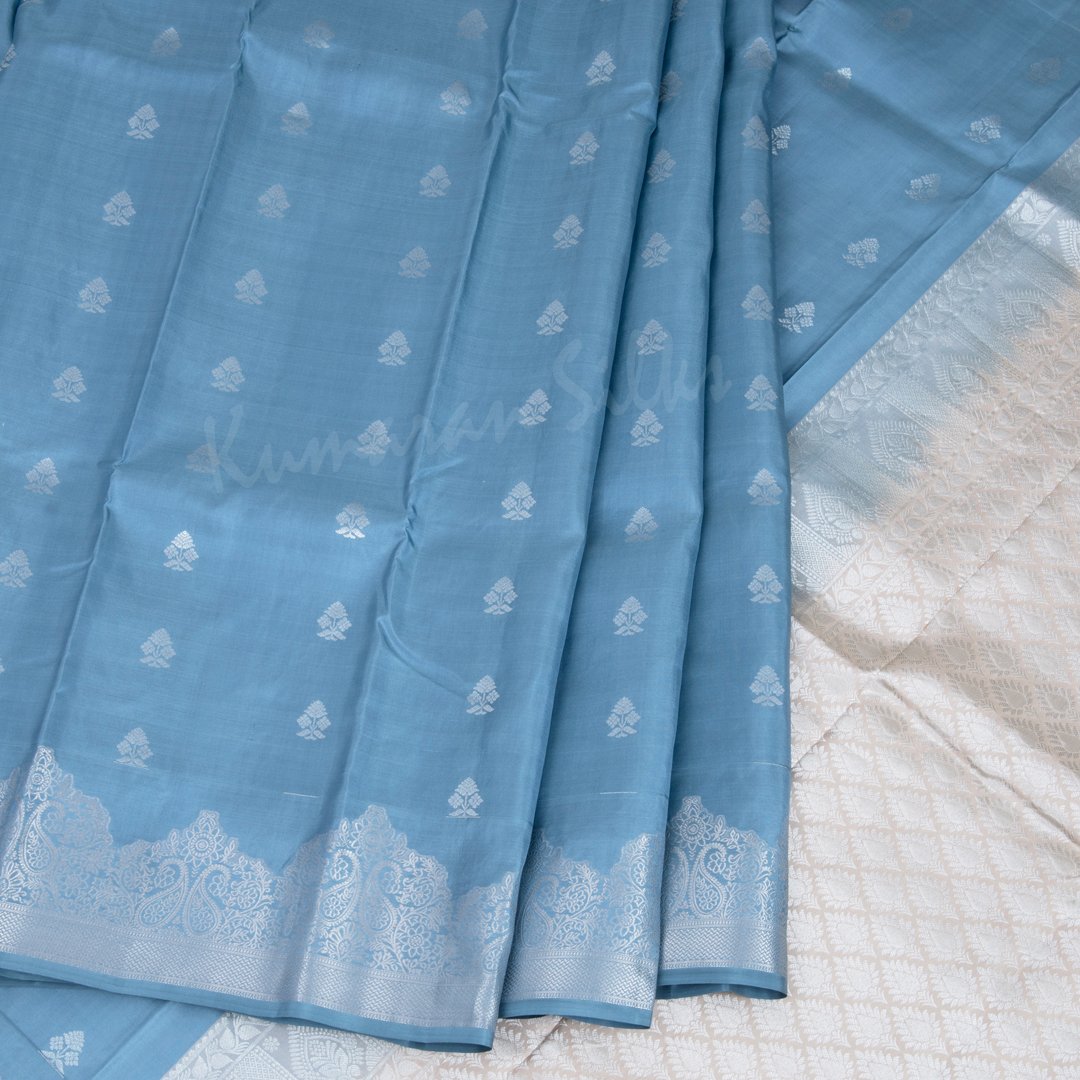 Greyish Blue Silk Saree With Floral Buttas And Silver Zari Border