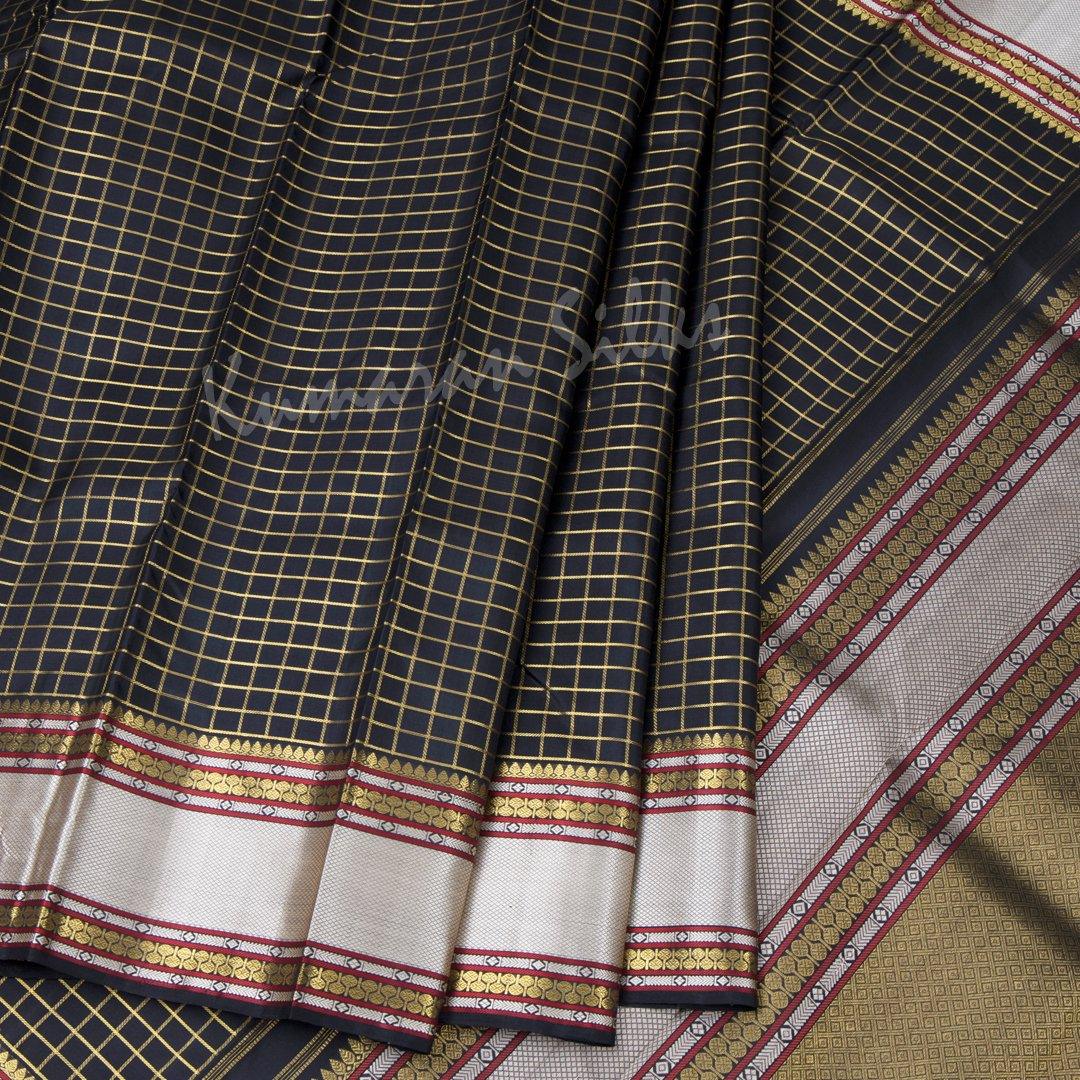 Black Checked Silk Saree And Thread Border - Kumaran Silks