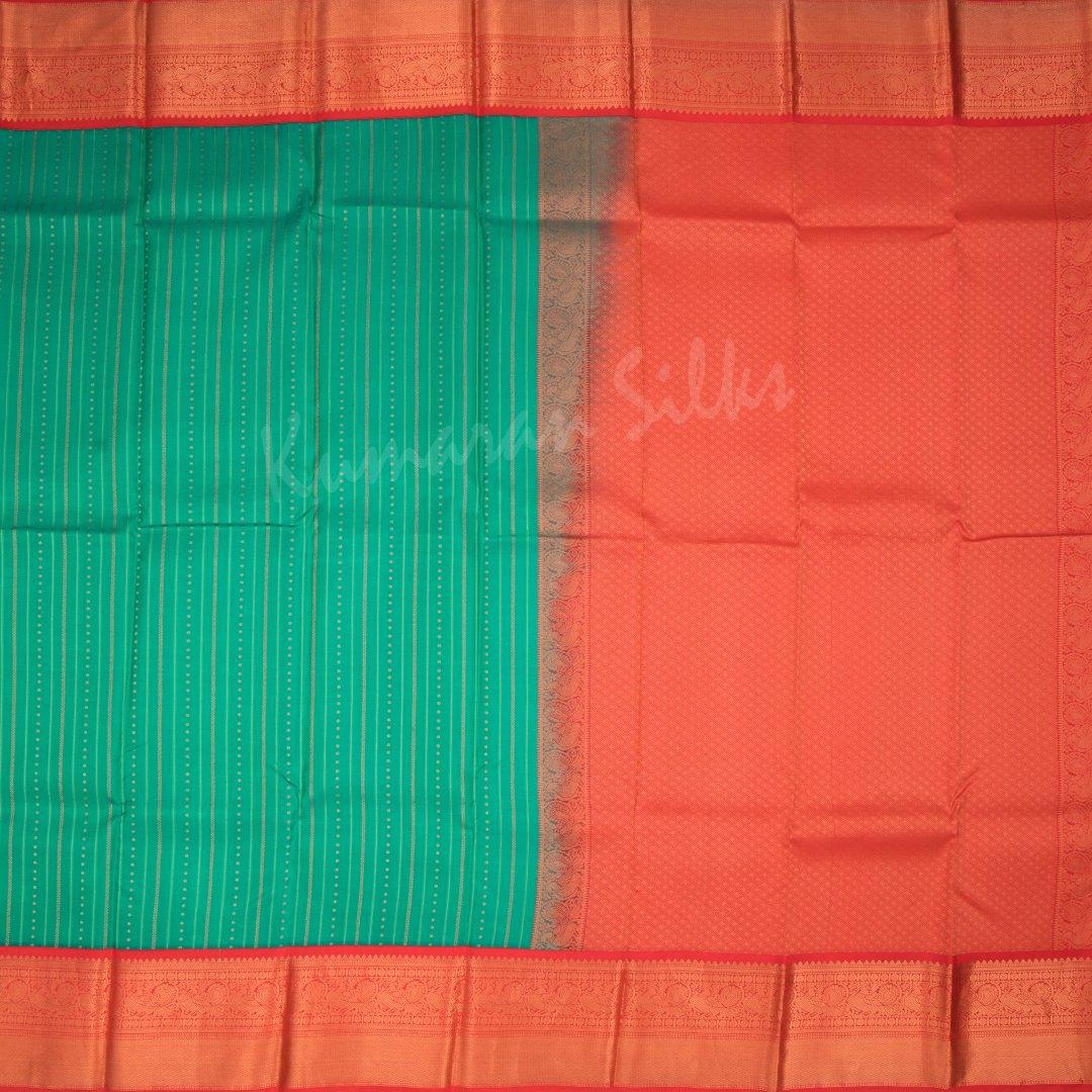 Jade Green Silk Saree With Multiple Stripes Design And Red Border - Kumaran Silks