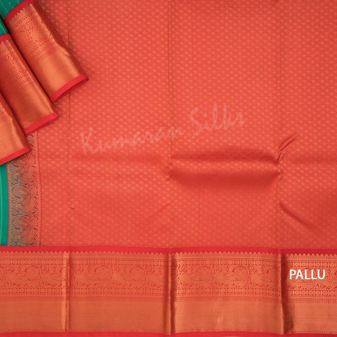 Jade Green Silk Saree With Multiple Stripes Design And Red Border - Kumaran Silks