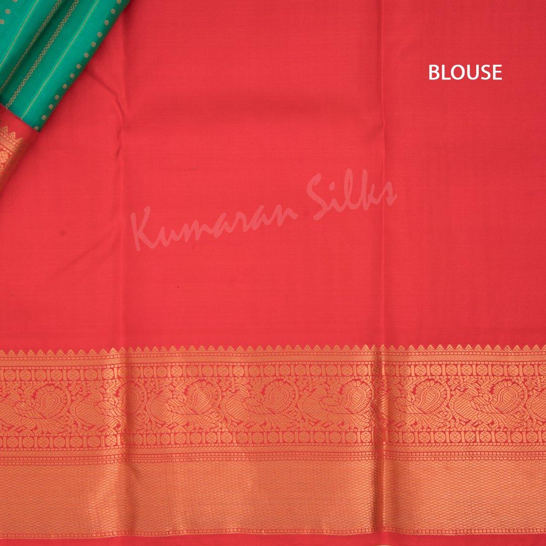 Jade Green Silk Saree With Multiple Stripes Design And Red Border - Kumaran Silks