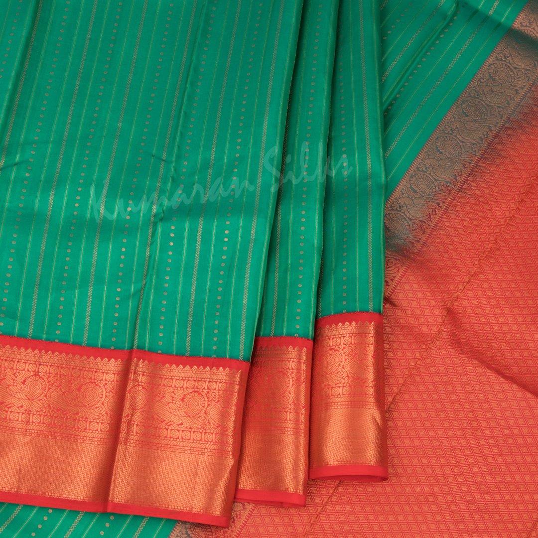 Jade Green Silk Saree With Multiple Stripes Design And Red Border - Kumaran Silks