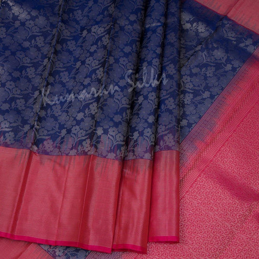 Navy Blue Silk Saree With Floral Motif And Silver Stripes On Border - Kumaran Silks