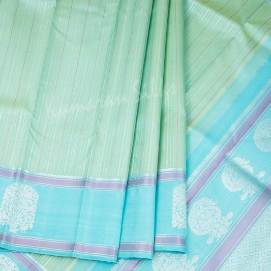 Mint Green Silk Saree With Multiple Stripes Design And Silver Tree On Border - Kumaran Silks