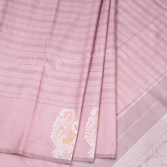 Onion Pink Silk Saree With Striped Design And Peacock On Border - Kumaran Silks