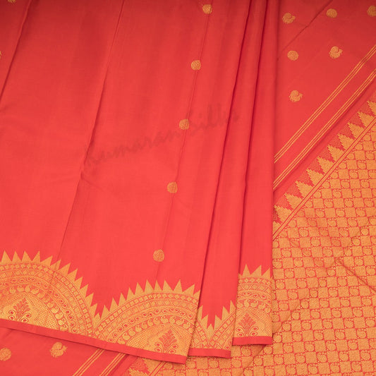 Red Silk Saree With Chakra And Peacock Buttas And Temple Design On Pallu - Kumaran Silks