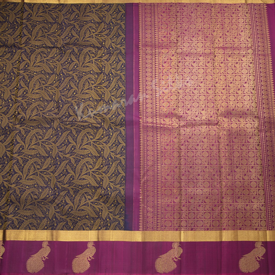 Navy Blue Silk Saree With Leaf Design And Magenta Border - Kumaran Silks