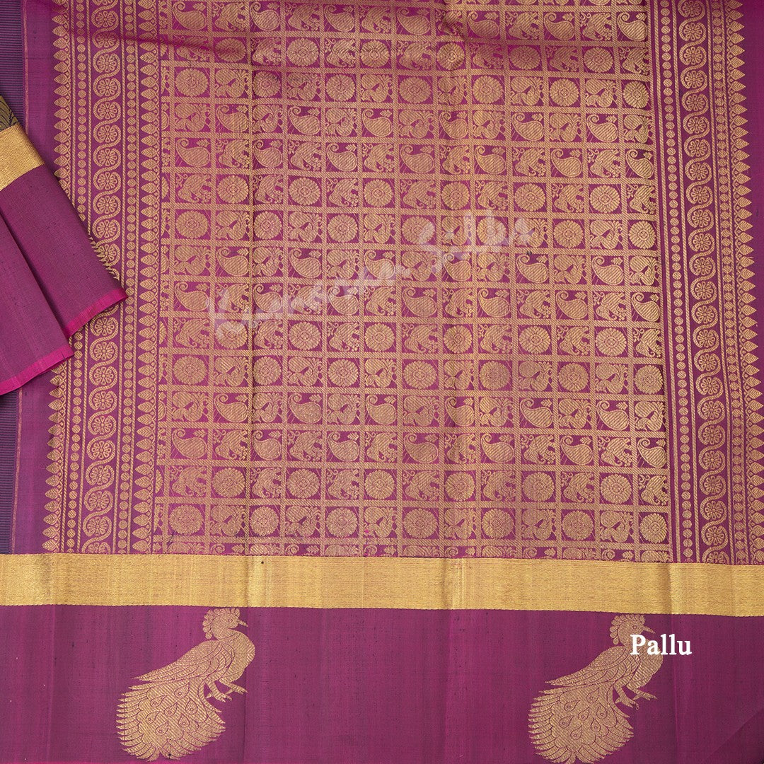 Navy Blue Silk Saree With Leaf Design And Magenta Border - Kumaran Silks