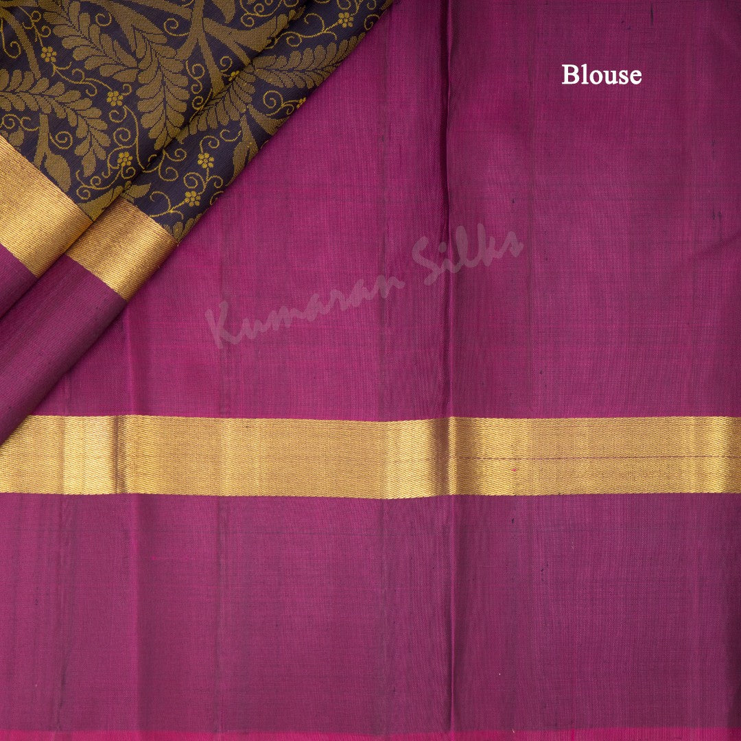 Navy Blue Silk Saree With Leaf Design And Magenta Border - Kumaran Silks