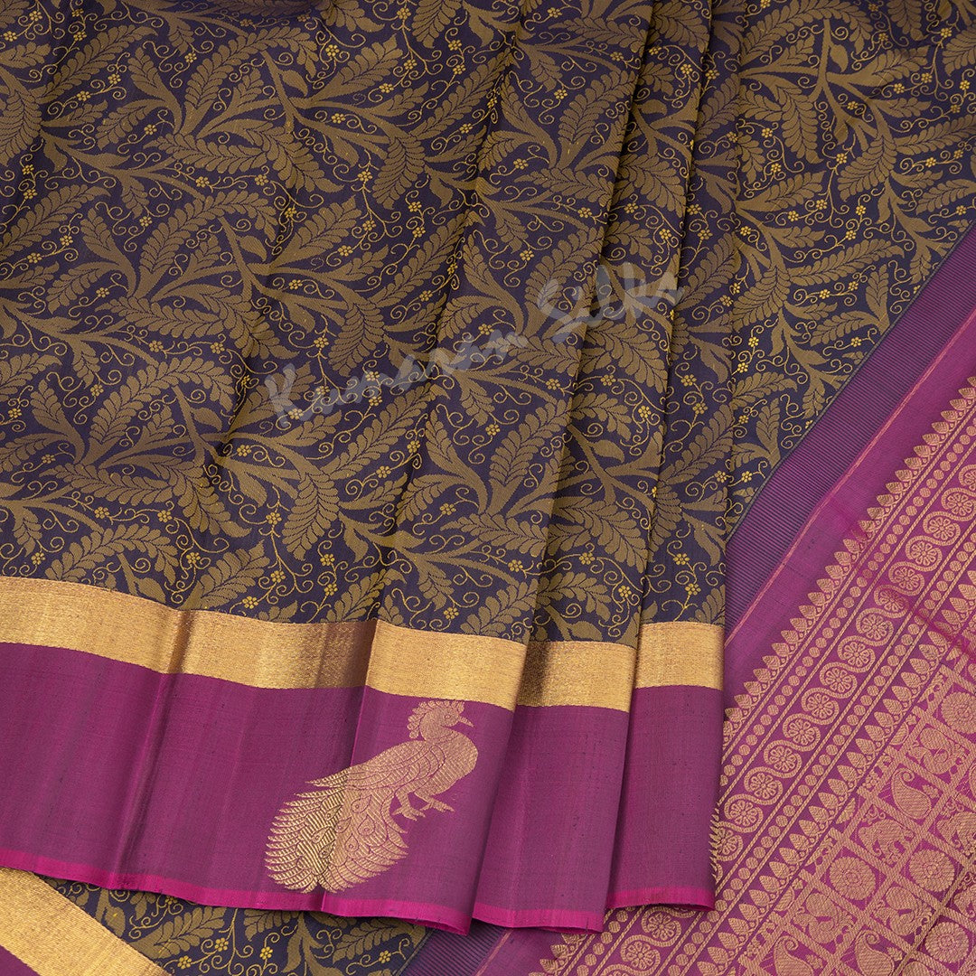 Navy Blue Silk Saree With Leaf Design And Magenta Border - Kumaran Silks