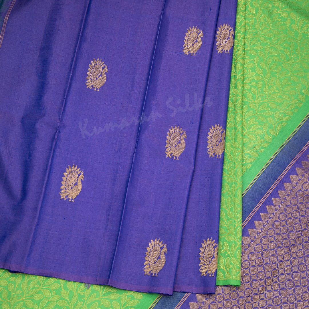 Half And Half Indigo Blue Borderless Silk Saree With Mayil Buttas - Kumaran Silks