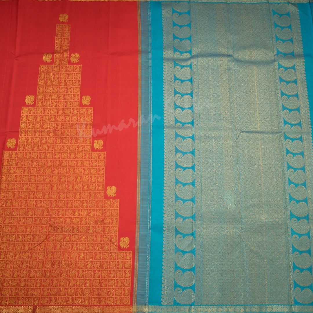 Red Silk Saree With Temple And Paisley Motifs And Contrast Pallu - Kumaran Silks