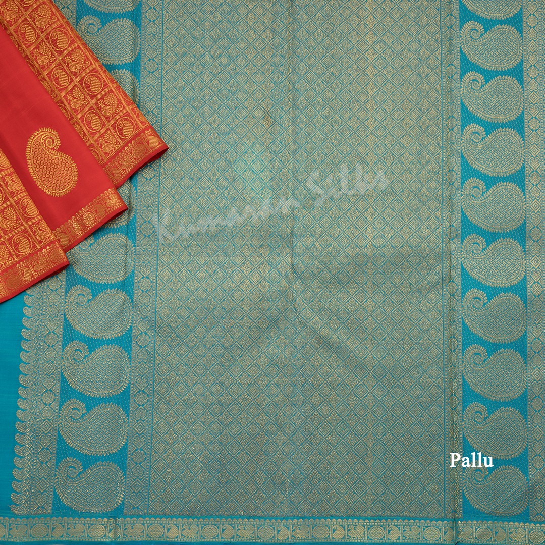 Red Silk Saree With Temple And Paisley Motifs And Contrast Pallu - Kumaran Silks