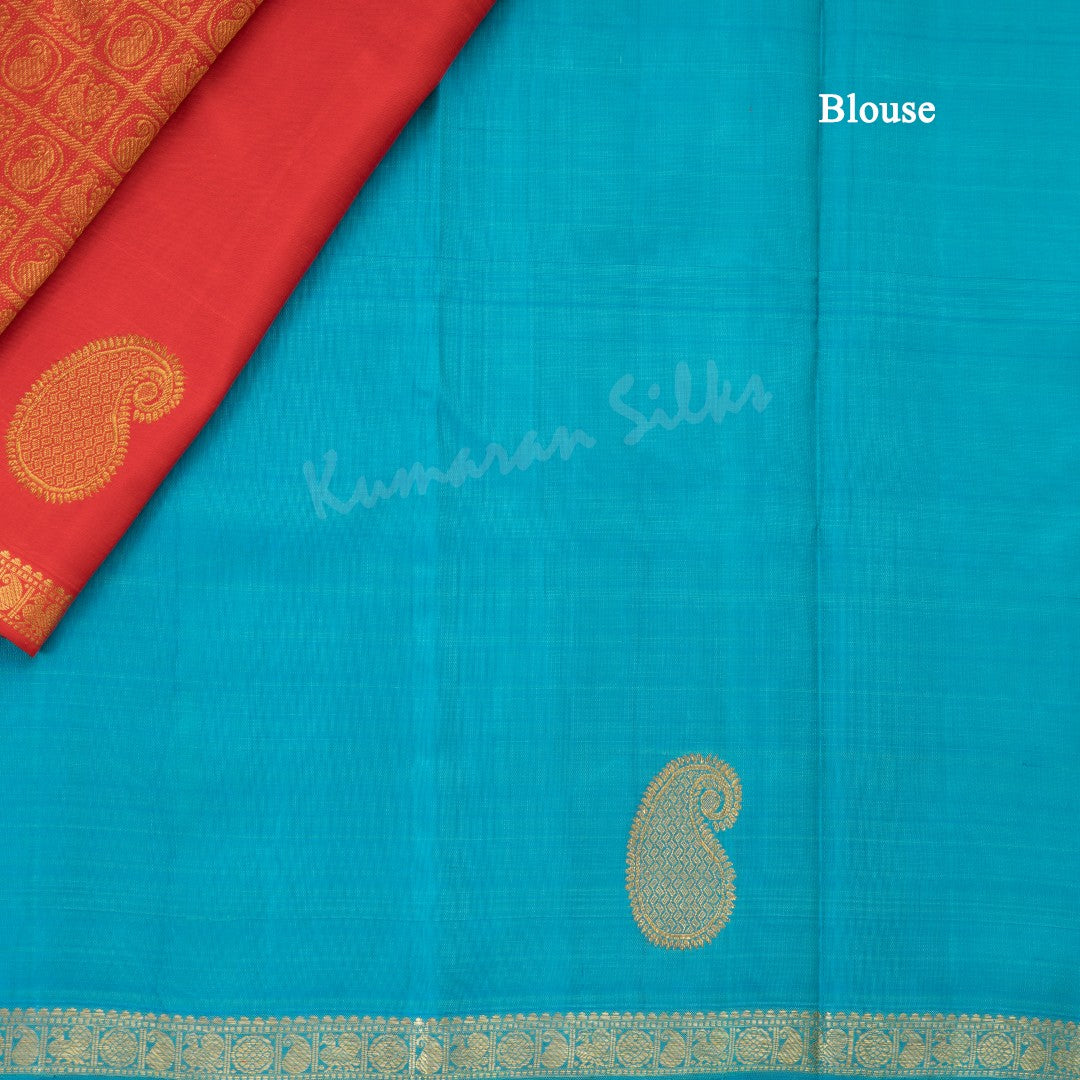 Red Silk Saree With Temple And Paisley Motifs And Contrast Pallu - Kumaran Silks