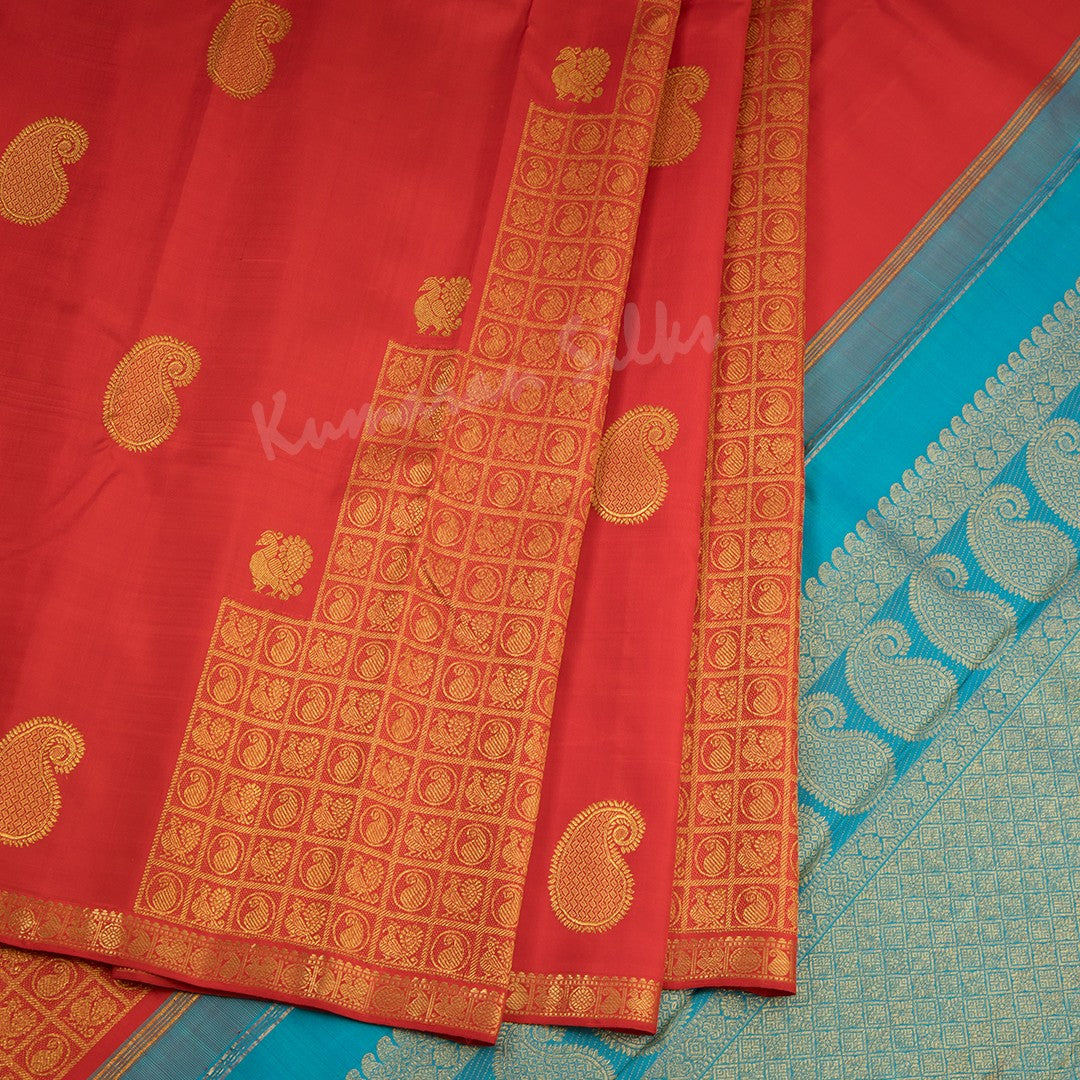 Red Silk Saree With Temple And Paisley Motifs And Contrast Pallu - Kumaran Silks