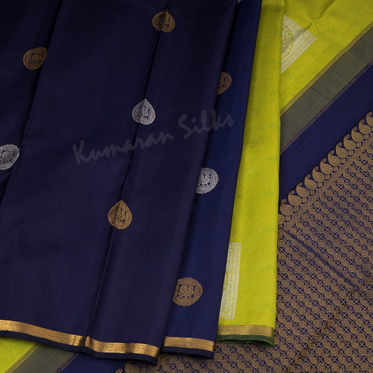 Half And Half Navy Blue Silk Saree With Mayil Buttas And Ribbon Zari Border - Kumaran Silks