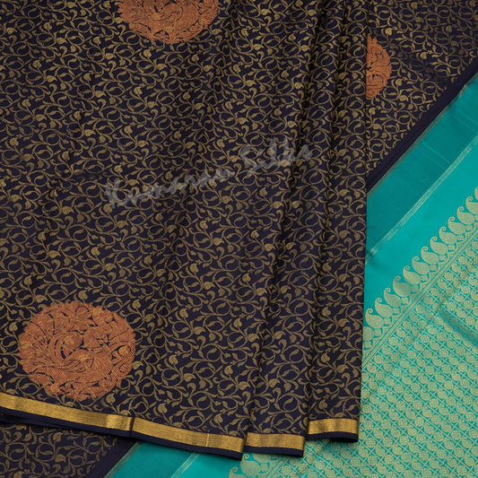 Navy Blue Brocade Silk Saree With Ribbon Zari Border - Kumaran Silks