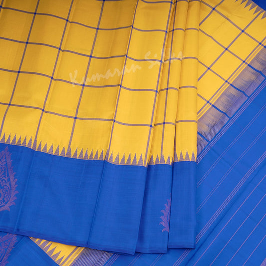 Yellow Checked Silk Saree And Contrast Border - Kumaran Silks