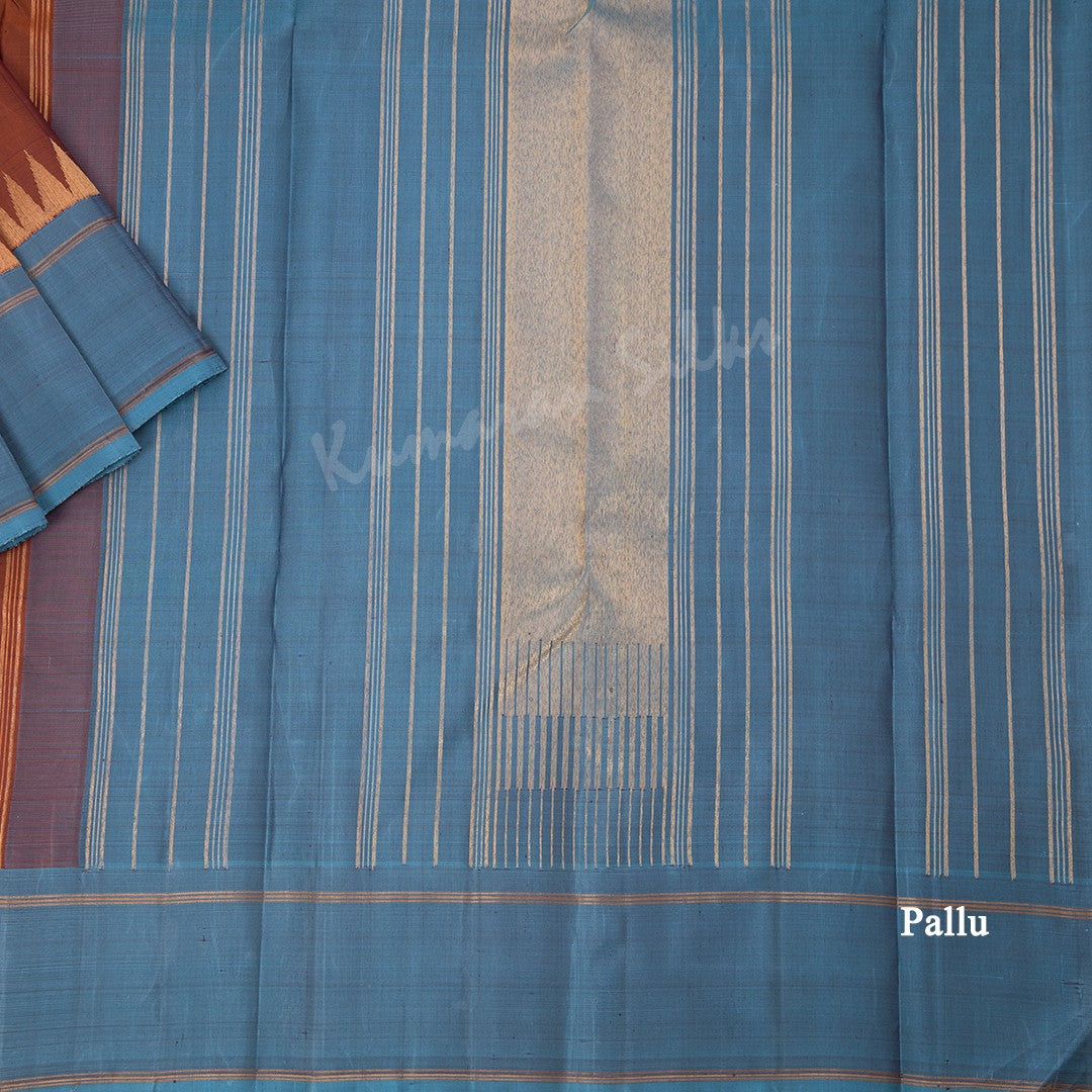 Cinnamon Brown Plain Silk Saree And Temple Design On Blue Border - Kumaran Silks