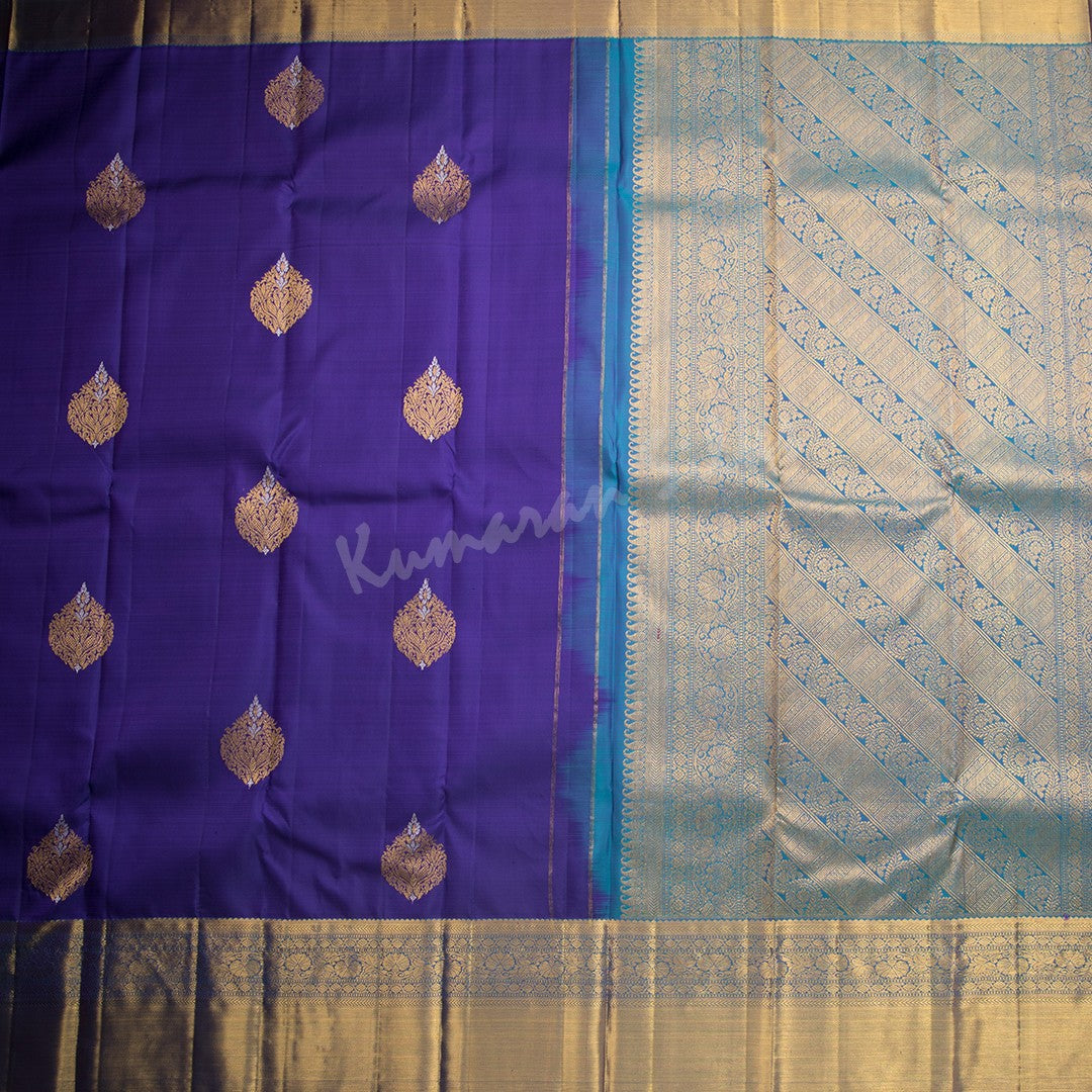 Dark Blue Silk Saree With Leaf Zari Buttas And Gold Zari Border