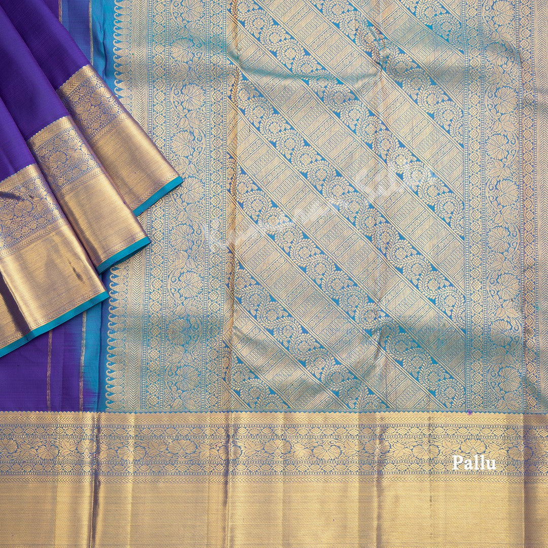 Dark Blue Silk Saree With Leaf Zari Buttas And Gold Zari Border