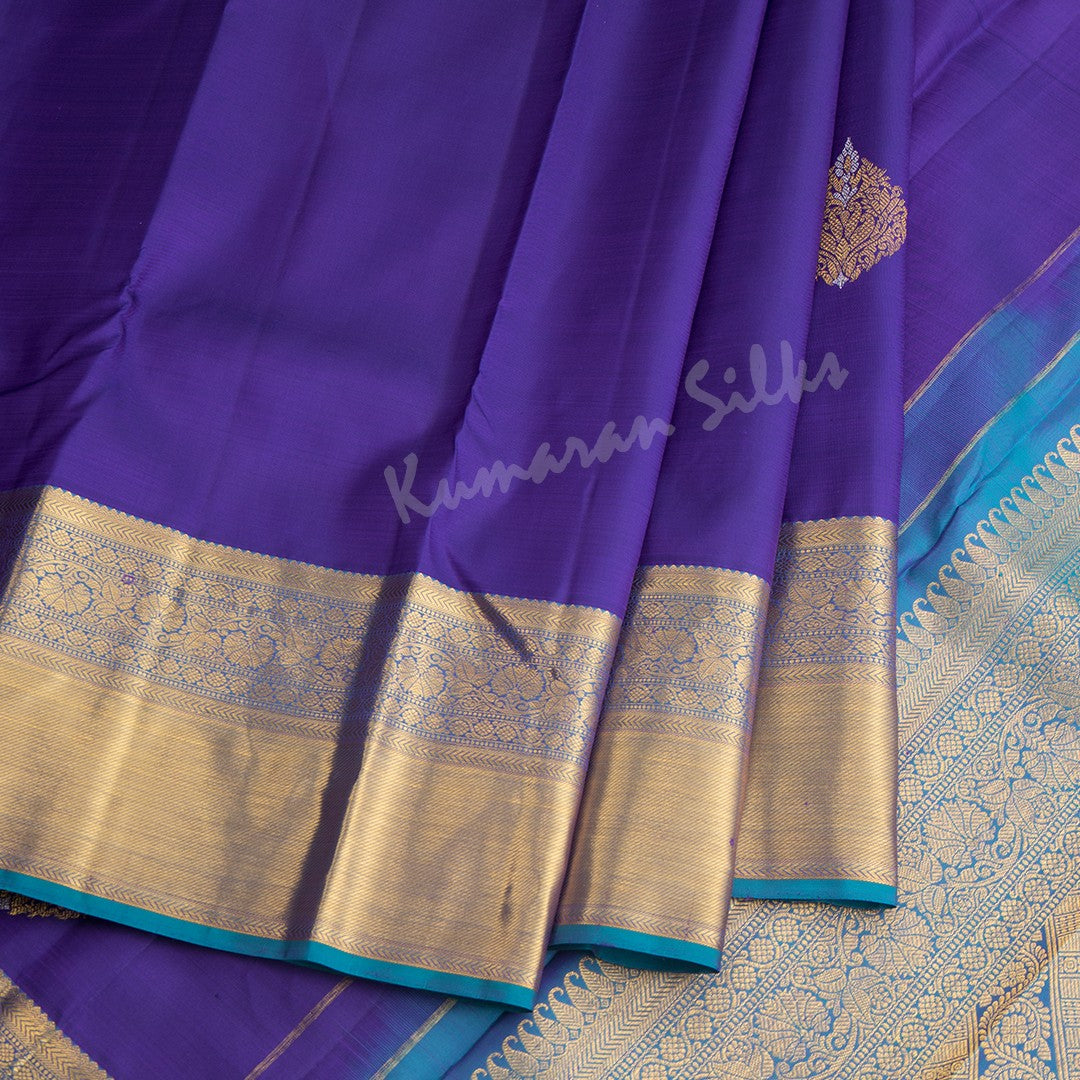 Dark Blue Silk Saree With Leaf Zari Buttas And Gold Zari Border