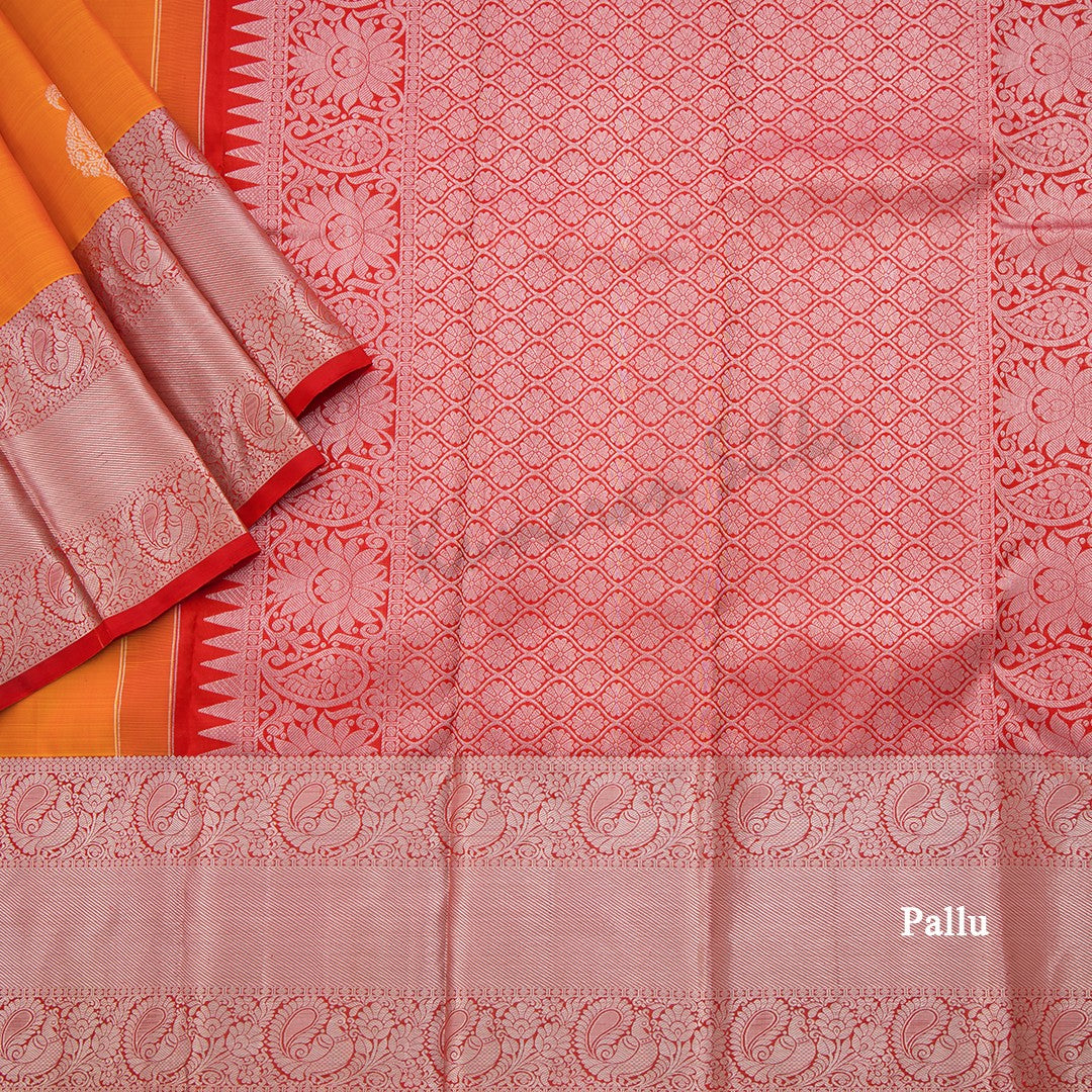 Orange Silk Saree With Mango Silver Zari Buttas And Rettapet Border