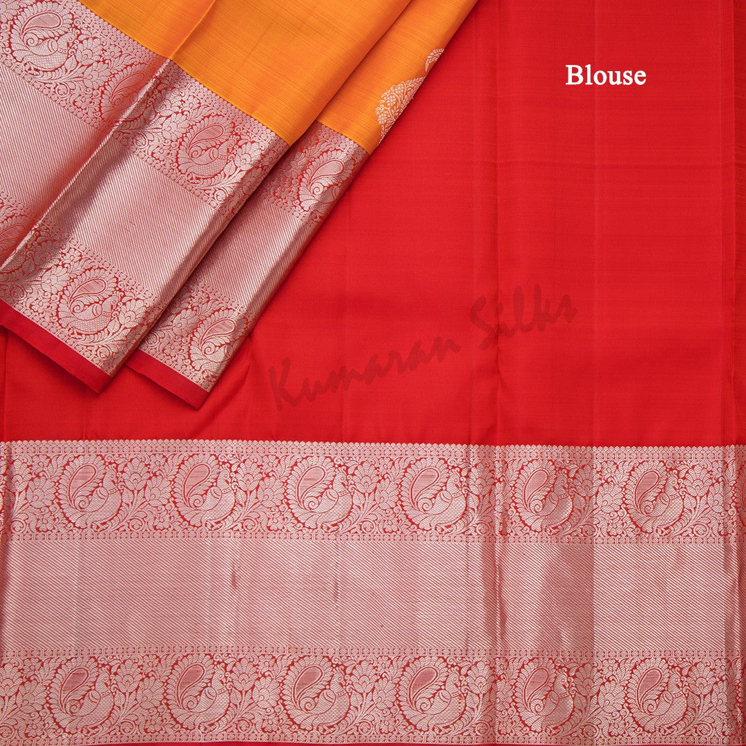 Orange Silk Saree With Mango Silver Zari Buttas And Rettapet Border