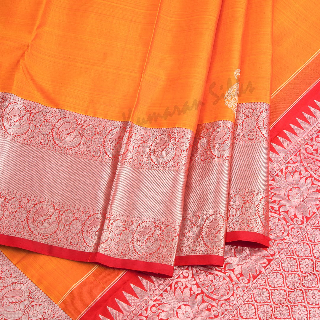 Orange Silk Saree With Mango Silver Zari Buttas And Rettapet Border