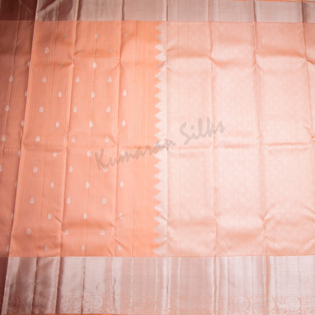 Peach Silk Saree With Silver Stripes And Silver Zari Border