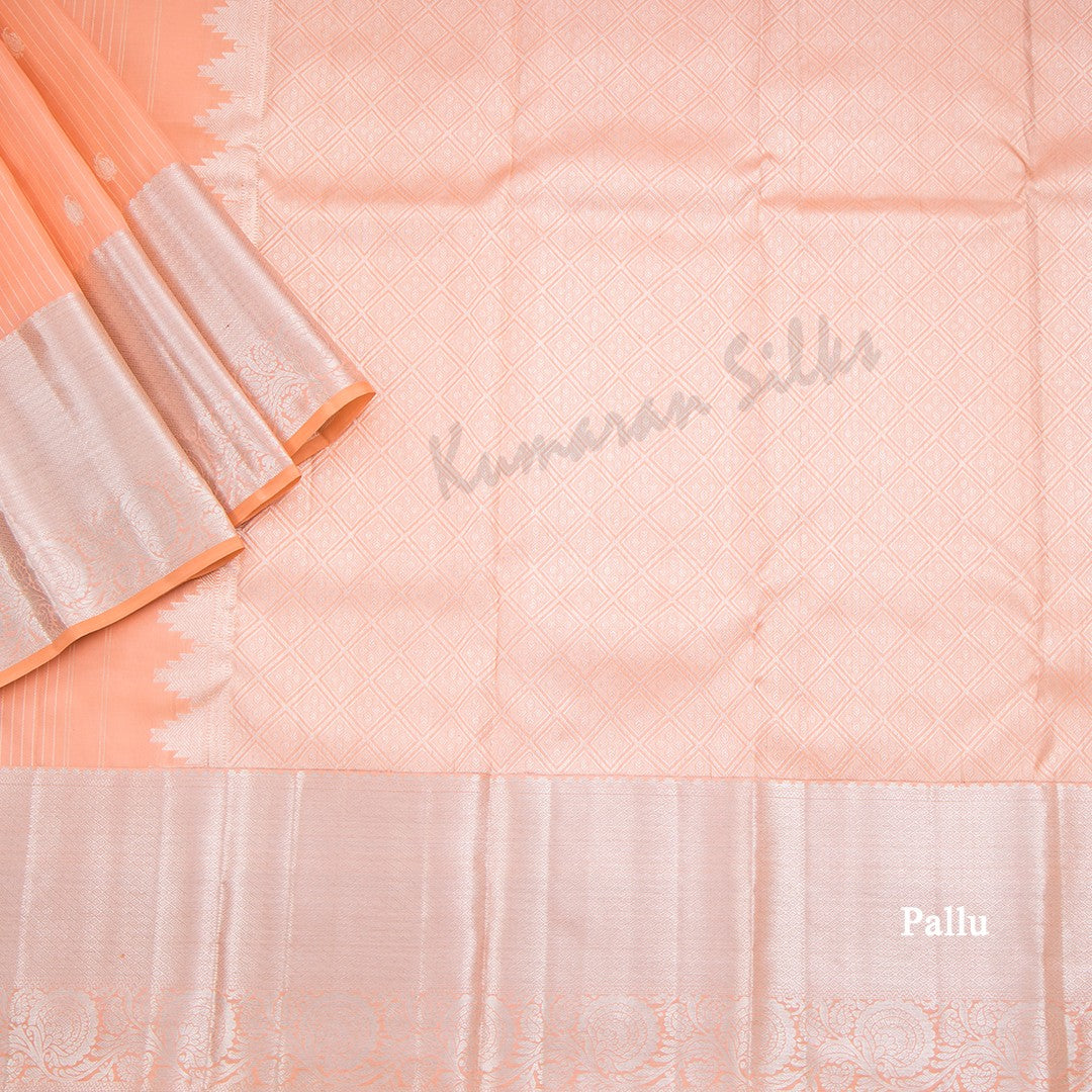 Peach Silk Saree With Silver Stripes And Silver Zari Border