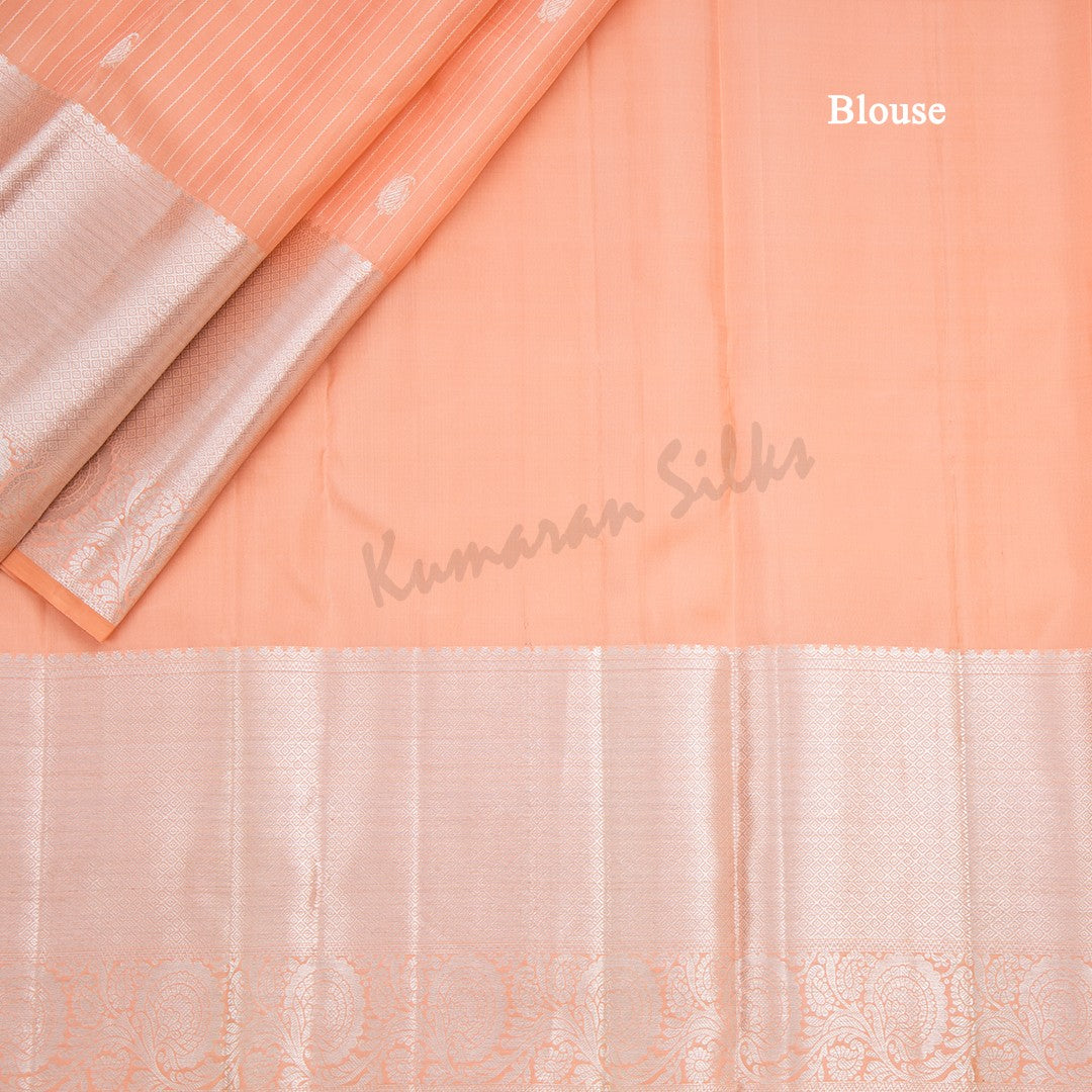 Peach Silk Saree With Silver Stripes And Silver Zari Border