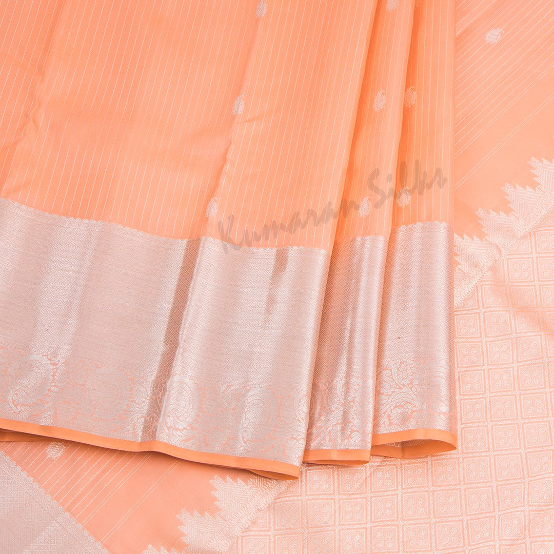 Peach Silk Saree With Silver Stripes And Silver Zari Border